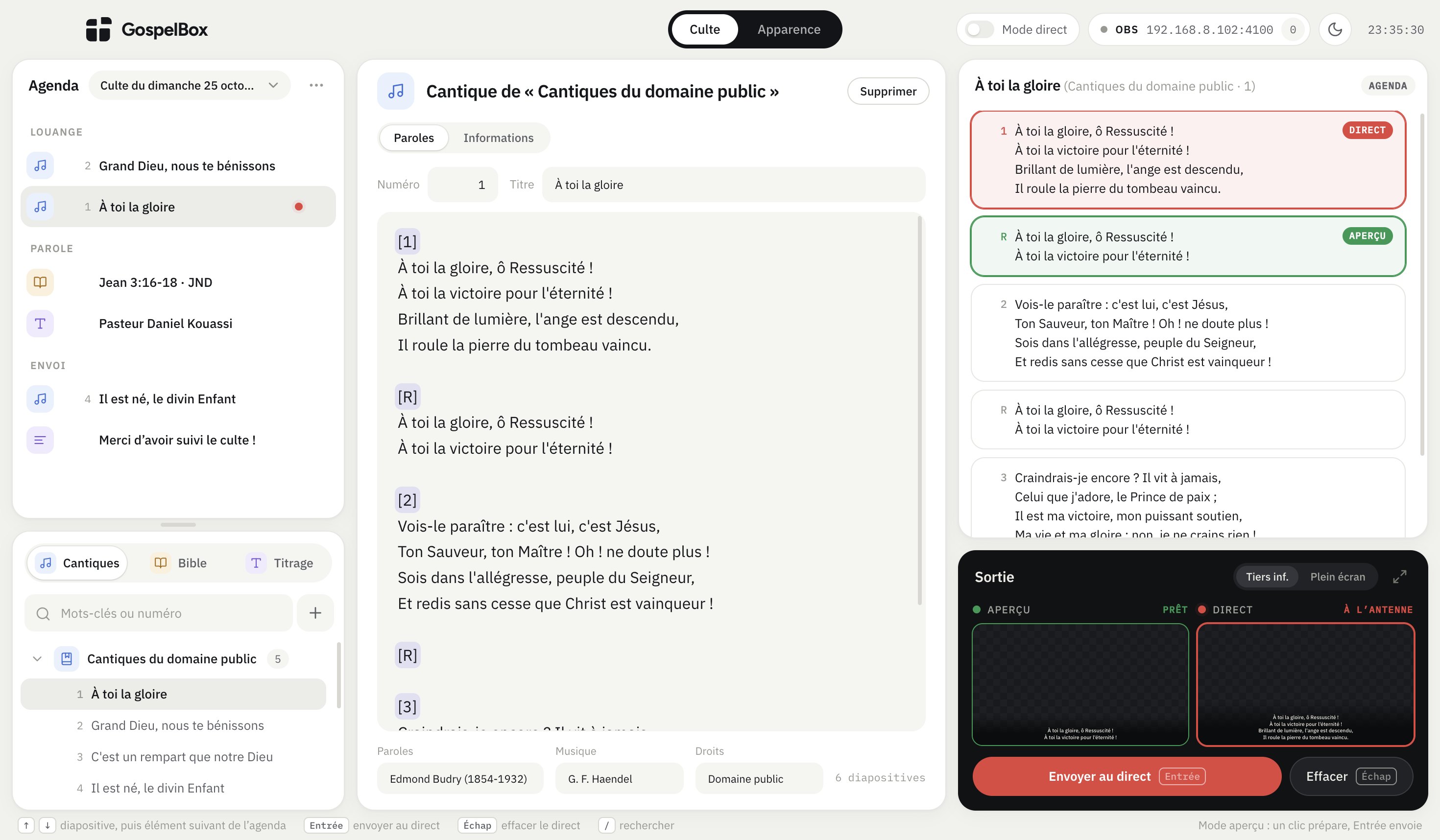 L’agenda du culte dans GospelBox, avec un cantique à l’antenne.
